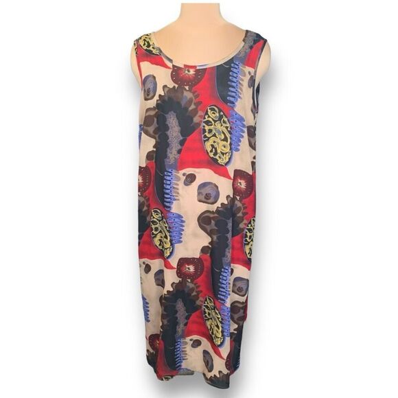 Vintage Dress Maxi Cream Red Brown Printed Abstract Art Sleeveless Scoop Neck - Picture 4 of 10